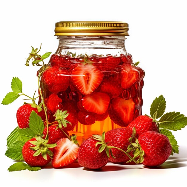 there are strawberries in a jar with a few leaves generative ai