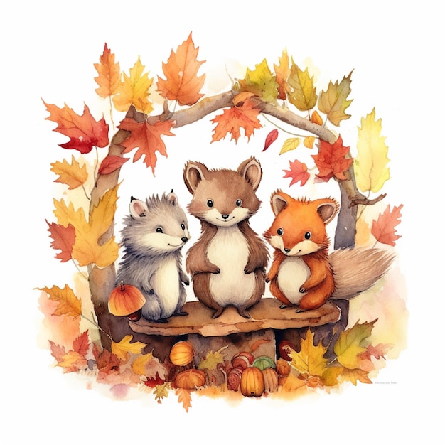 가을에 벤치에 앉아 있는 세 마리의 동물들이 있습니다.