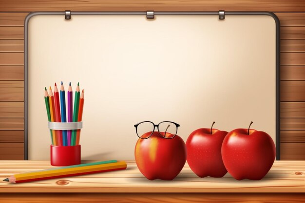 There are three apples and a pencil holder on a table generative ai