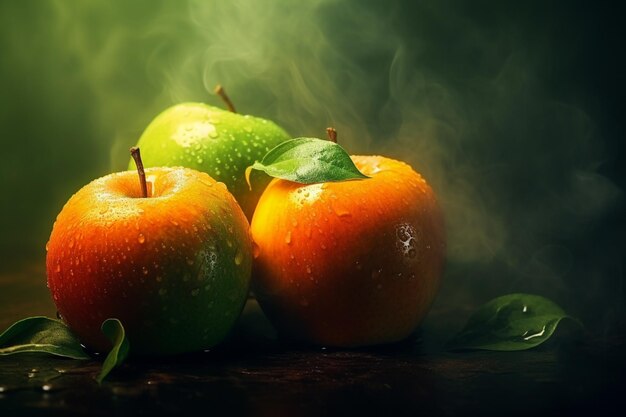 Фото Есть три яблока, сидящие на столе с листьями на нем.