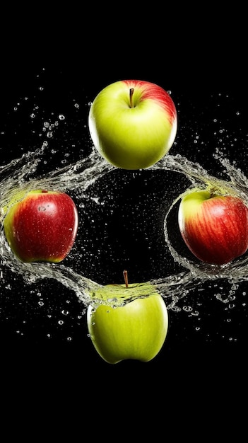 there are three apples that are splashing in the water generative ai