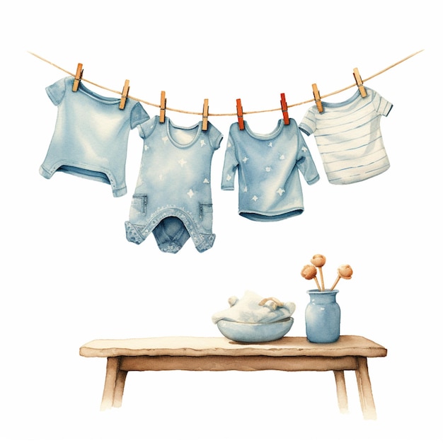 there are three baby clothes hanging on a clothes line generative ai