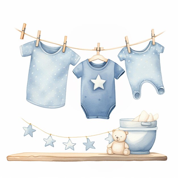 Photo there are three baby clothes hanging on a clothes line with a teddy bear generative ai