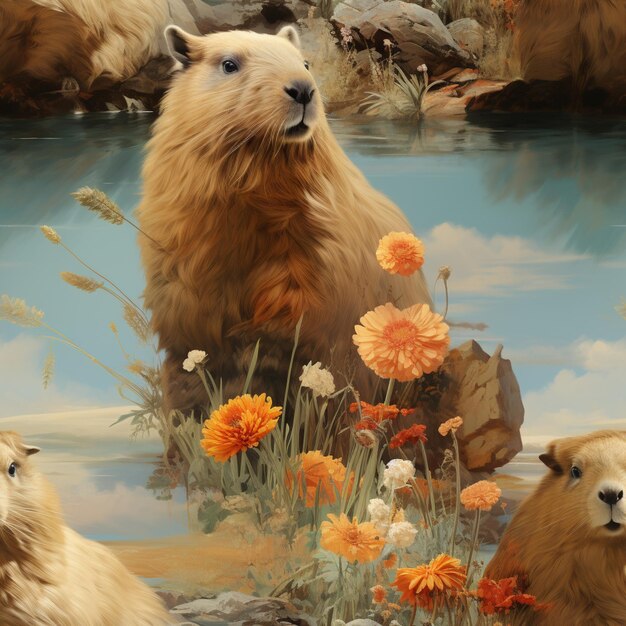 there are three bears that are standing in the grass by the water generative ai