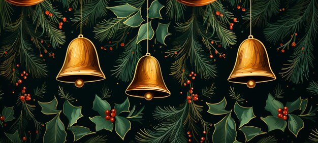 Photo there are three bells hanging from a christmas tree with holly leaves generative ai