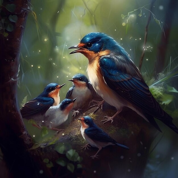 There are three birds sitting on a branch in the forest generative ai