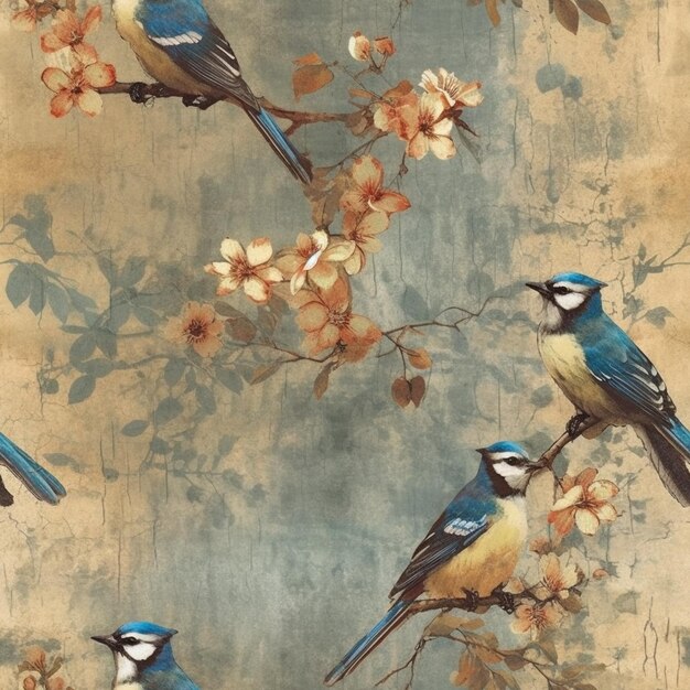 There are three birds sitting on a branch of a tree generative ai