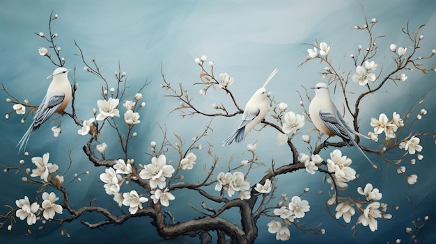 There are three birds sitting on a branch of a tree generative ai