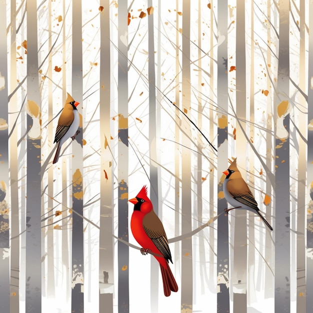 there are three birds sitting on a branch in the woods generative ai