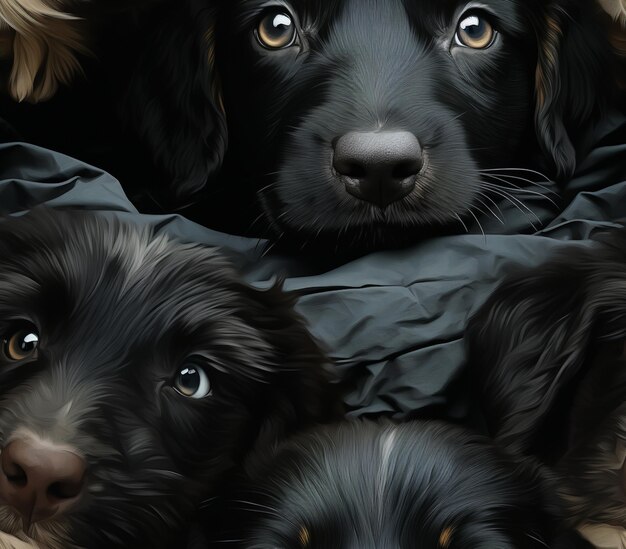 there are three black dogs laying on a blanket together generative ai