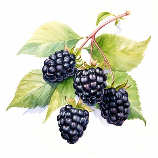 there are three blackberries on a branch with leaves generative ai