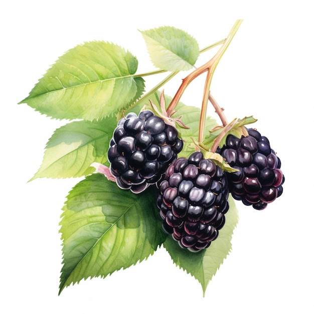 there are three blackberries on a branch with leaves generative ai