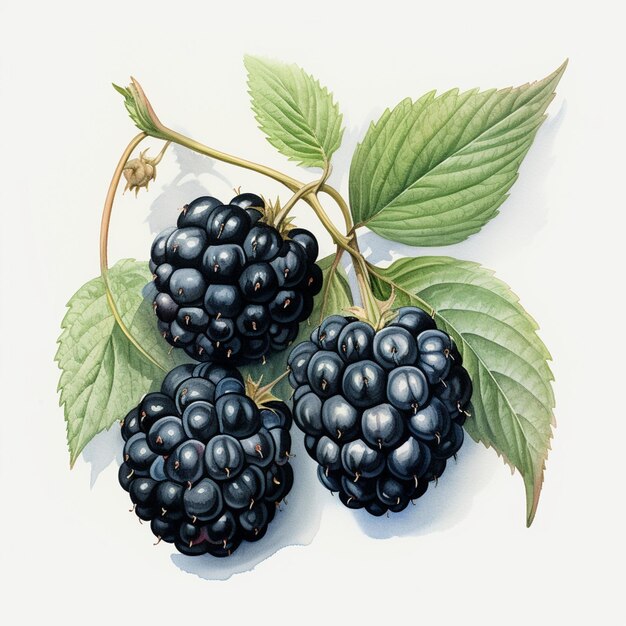 There are three blackberries on a branch with leaves generative ai