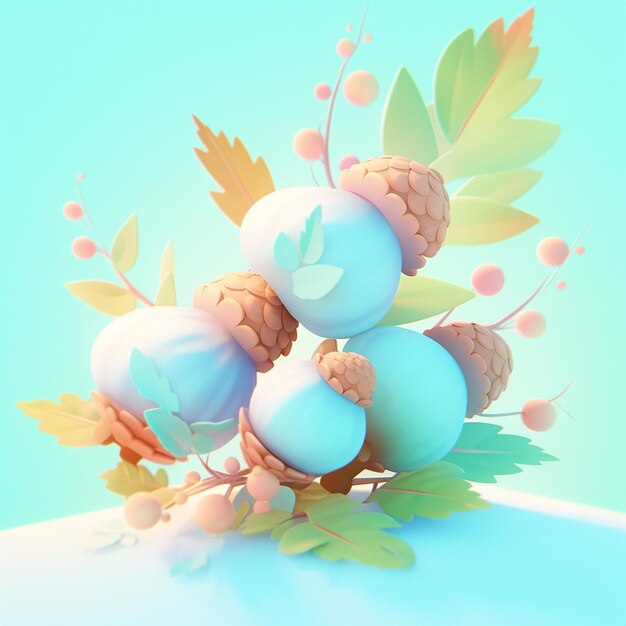 there are three blue eggs and some leaves on a table generative ai