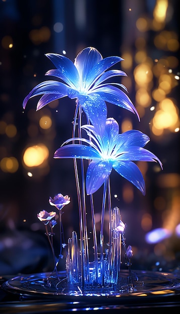 Фото В стеклянной вазе на столе стоят три синих цветка генеративный ай