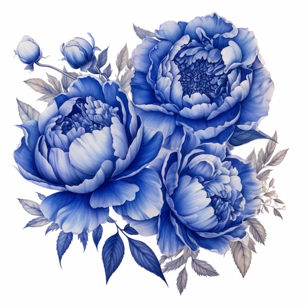 There are three blue flowers on a white background generative ai