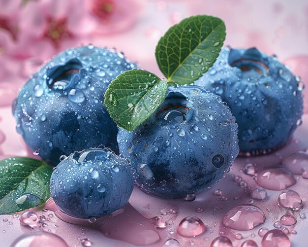 there are three blueberries with water droplets on them on a pink surface generative ai