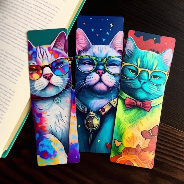 Photo there are three bookmarks with cats wearing glasses on them generative ai