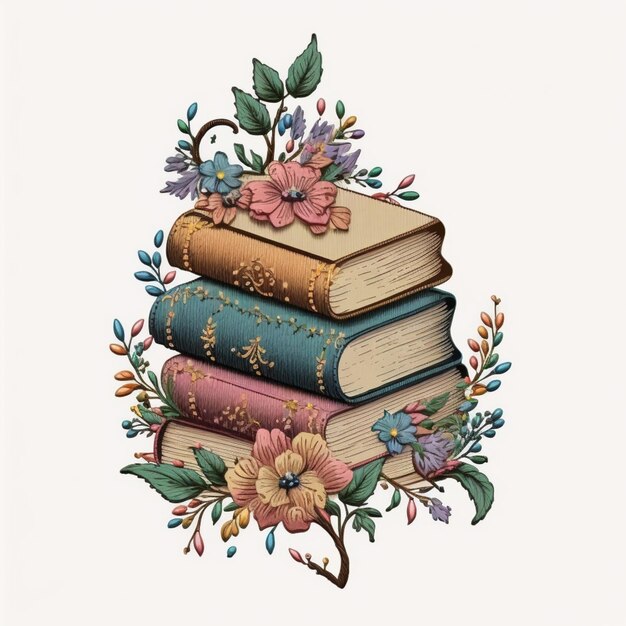 there are three books stacked on top of each other with flowers generative ai