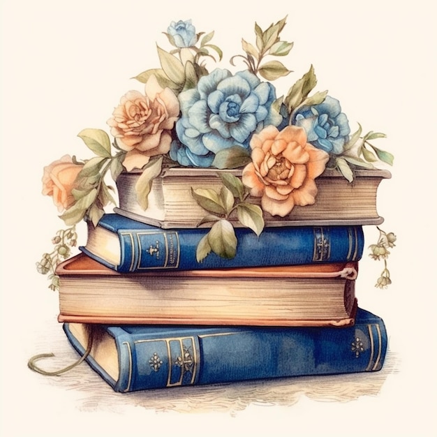 There are three books stacked on top of each other with flowers on top generative ai