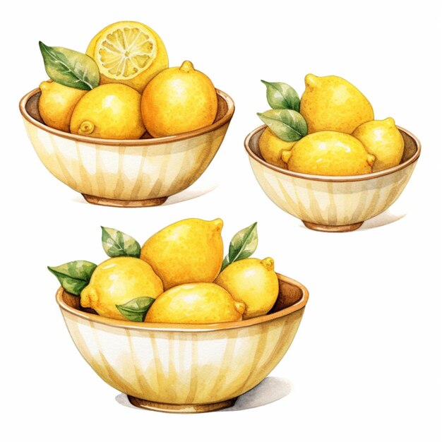 There are three bowls of lemons with leaves in them generative ai