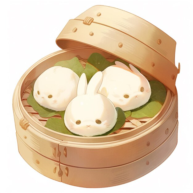 Photo there are three bunnies in a bamboo basket with leaves generative ai