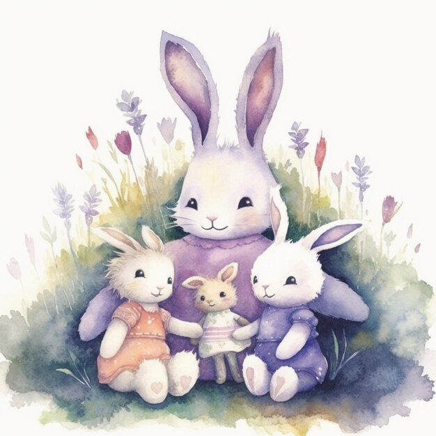 Photo there are three bunnies sitting together in the grass with flowers generative ai