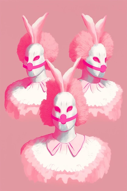 there are three bunny masks with pink tutuss on them generative ai