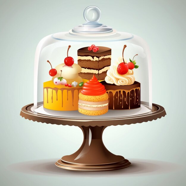 There are three cakes on a cake stand under a glass dome generative ai