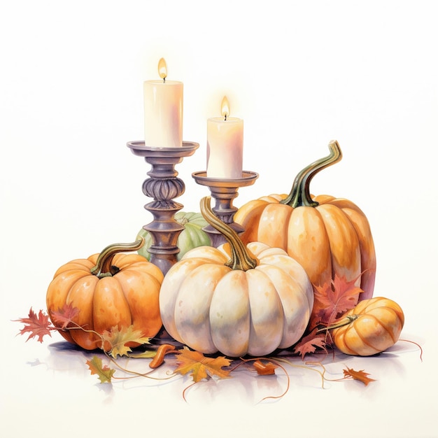 there are three candles and three pumpkins on the table generative ai