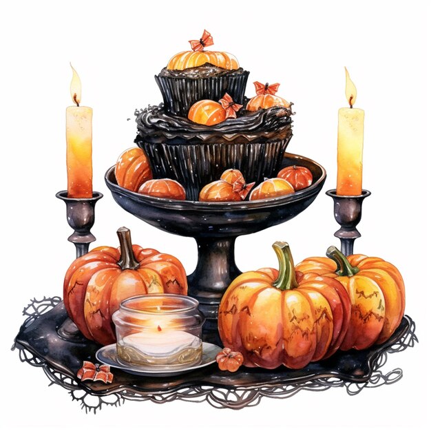 there are three candles and a tray with pumpkins on it generative ai