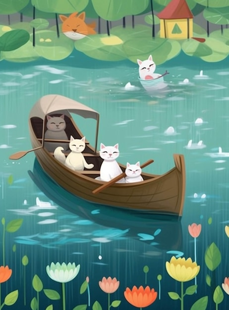 Три кошки в лодке на воде, генеративный искусственный интеллект.