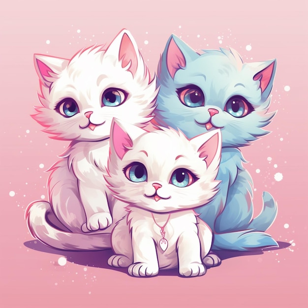 There are three cats sitting together on a pink background generative ai