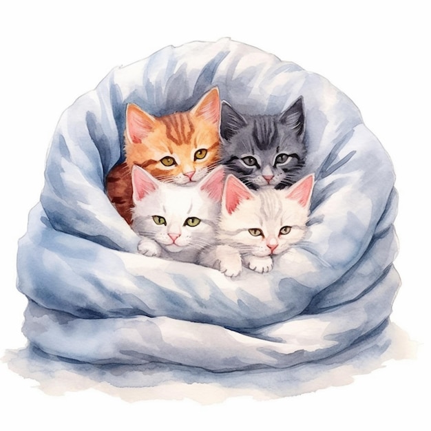 Photo there are three cats that are sitting in a blanket together generative ai