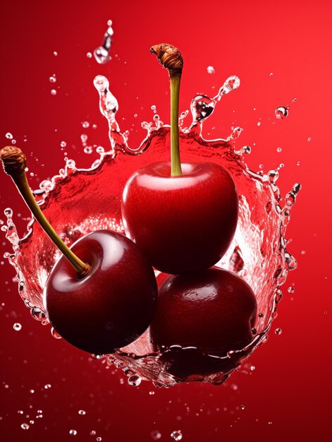 There are three cherries in a bowl of water with a red background generative ai