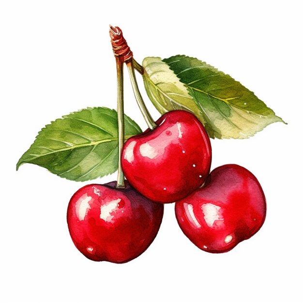 Photo there are three cherries with leaves on a white background generative ai