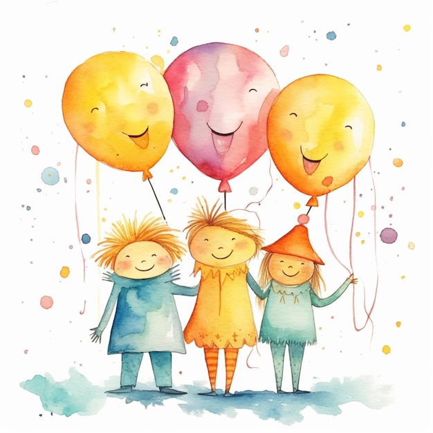 there are three children holding balloons with a smiling face on them generative ai