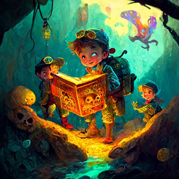 There are three children looking at a book in a cave generative ai