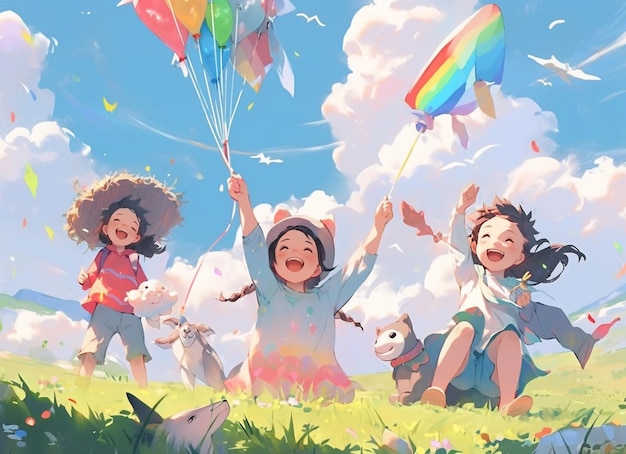 There are three children playing with kites in a field generative ai