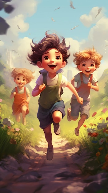 there are three children running down a path in the woods generative ai