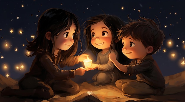 There are three children sitting on a blanket holding a candle generative ai