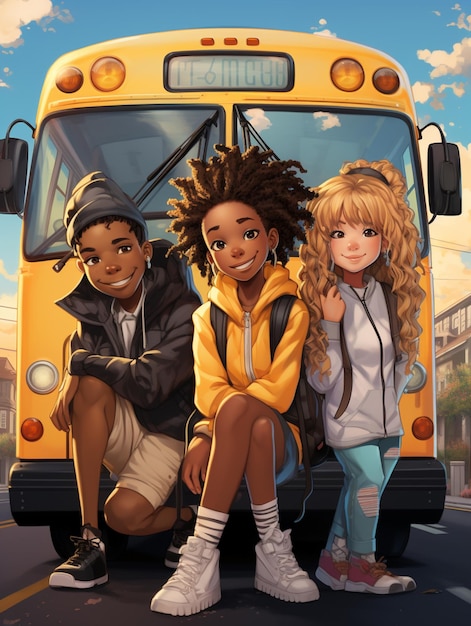 Photo there are three children sitting on the front of a school bus generative ai