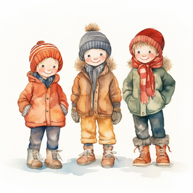 Photo there are three children standing next to each other wearing winter clothes generative ai