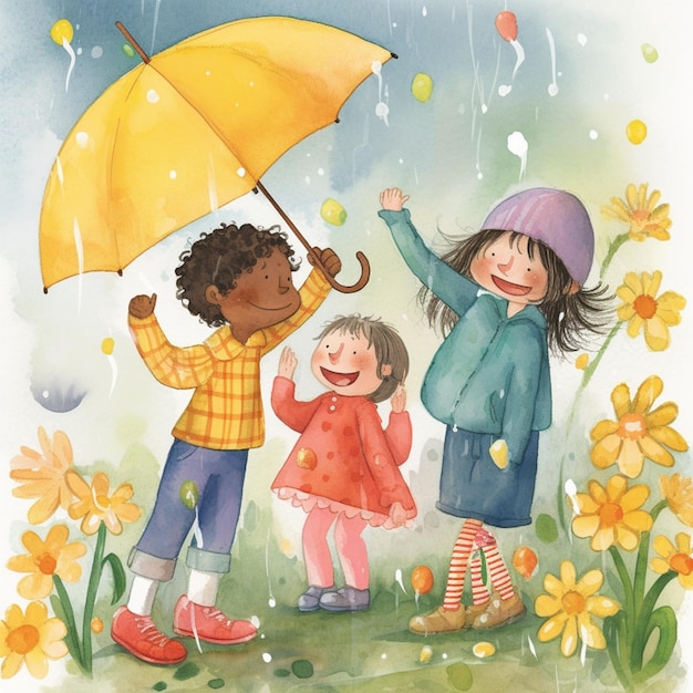 there are three children standing in the rain with an umbrella generative ai