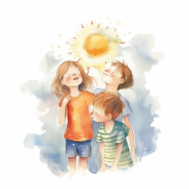 Photo there are three children standing together looking up at a sun generative ai