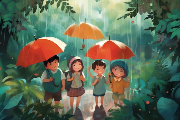 There are three children standing under umbrellas in the rain generative ai