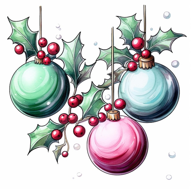 There are three christmas ornaments hanging from a branch of holly generative ai