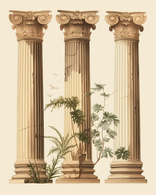Photo there are three columns with plants growing out of them generative ai