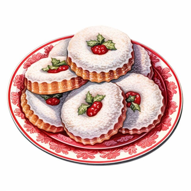 there are three cookies on a plate with a holly leaf decoration generative ai