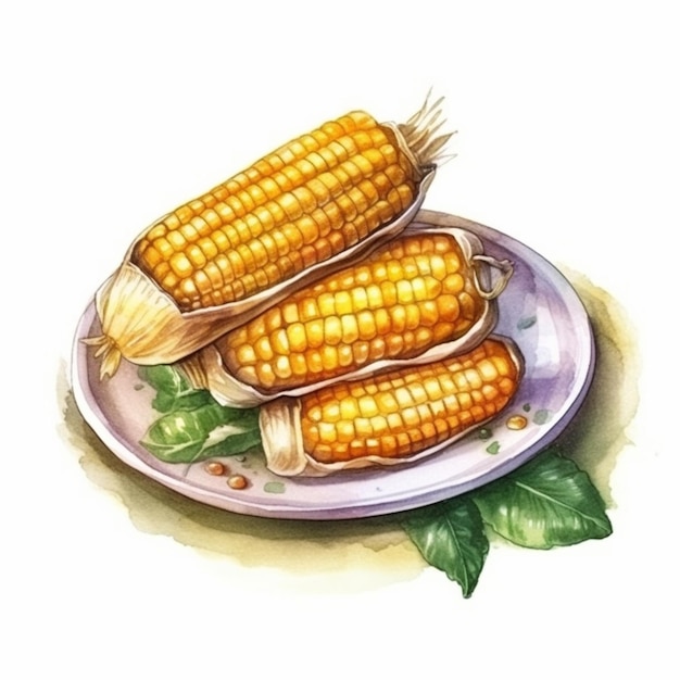 There are three corns on a plate with leaves on the side generative ai